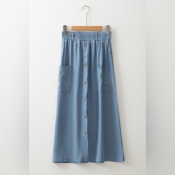 Elastic Waist Flowy Tencel Denim Maxi Skirt A Line Button Ruffle Cargo Long Jean - Picture 3 of 9